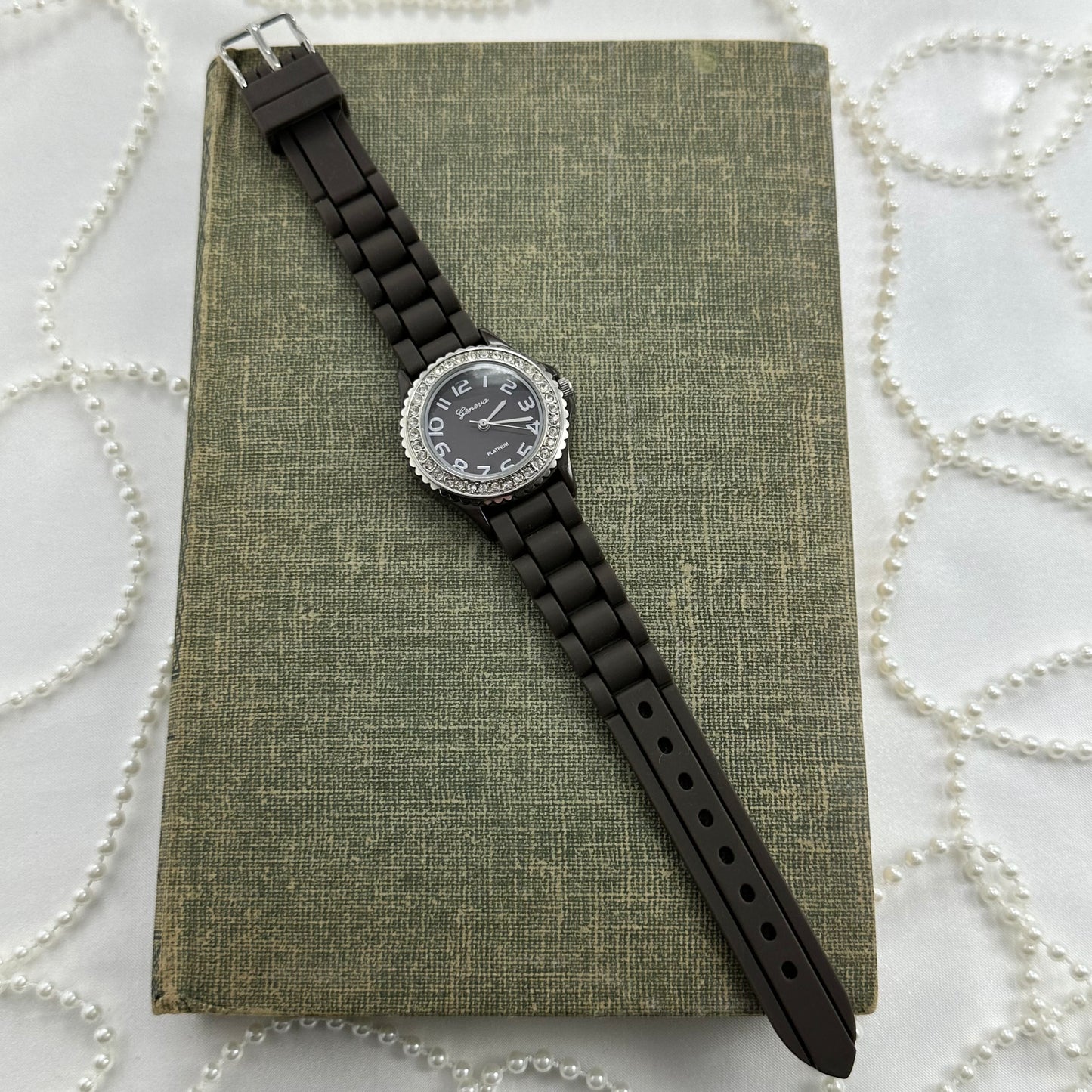 Brown and Silver Diamanté Geneva Watch