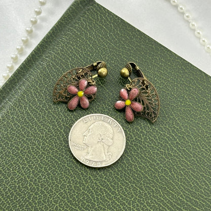 Vintage Bronze Tone Clip On Dangle Earrings with Pink Flower Charms