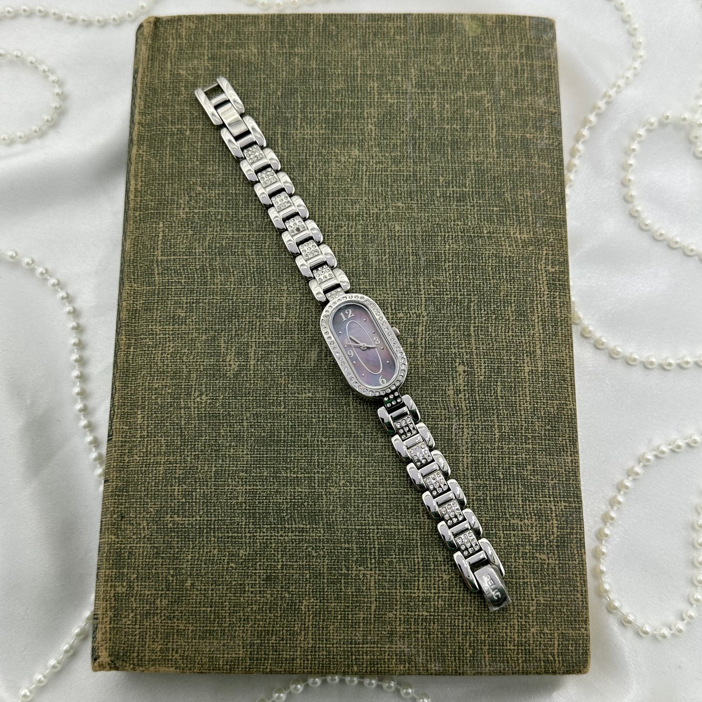 Silver Diamanté Fossil Watch with Purple and Pink Iridescent Dial