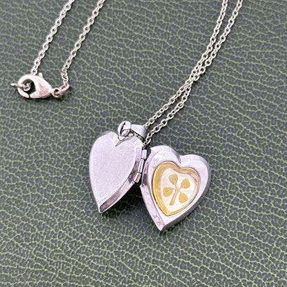 Vintage 925 Heart Locket Necklace with Four Leaf Clover Inside