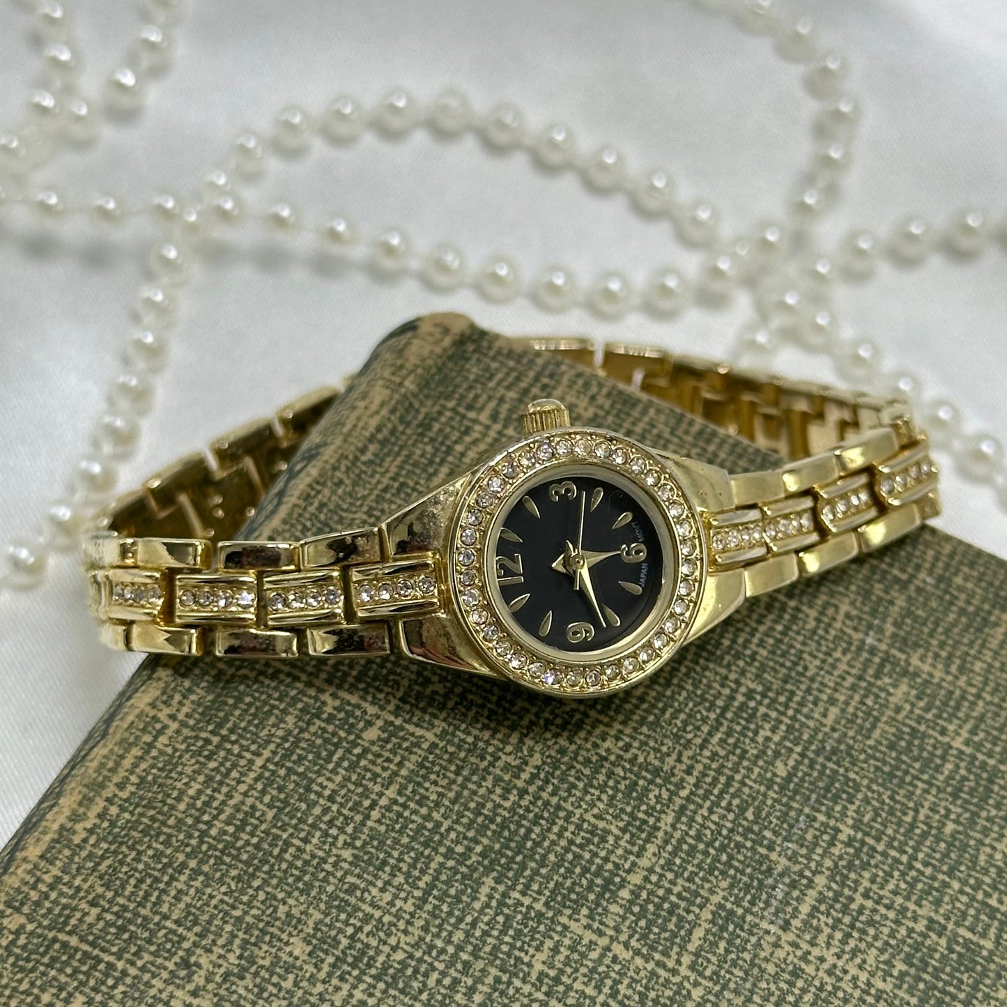 Dainty Diamanté Gold Watch with Round Black Dial