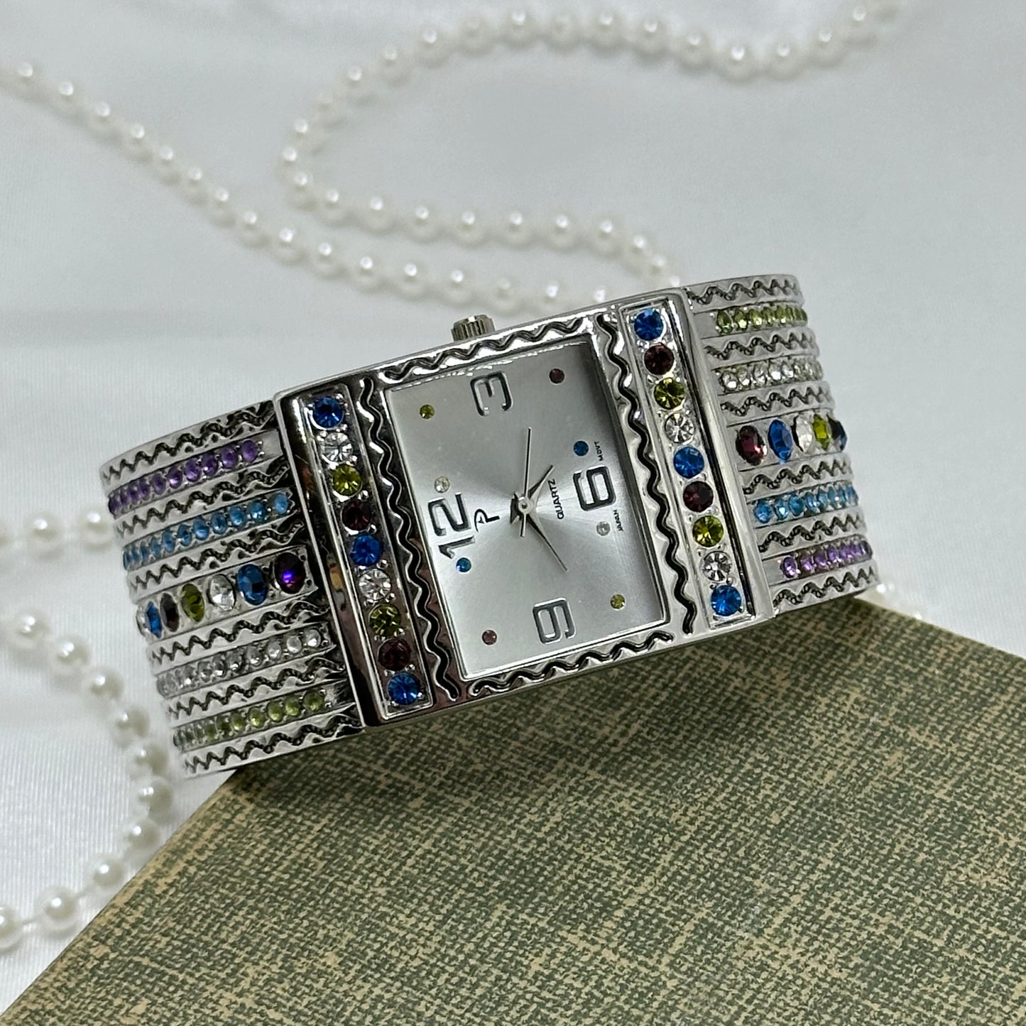 Silver Multicolor Gemstone Cuff Watch