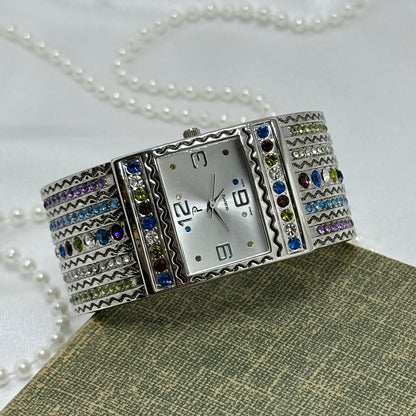 Silver Multicolor Gemstone Cuff Watch