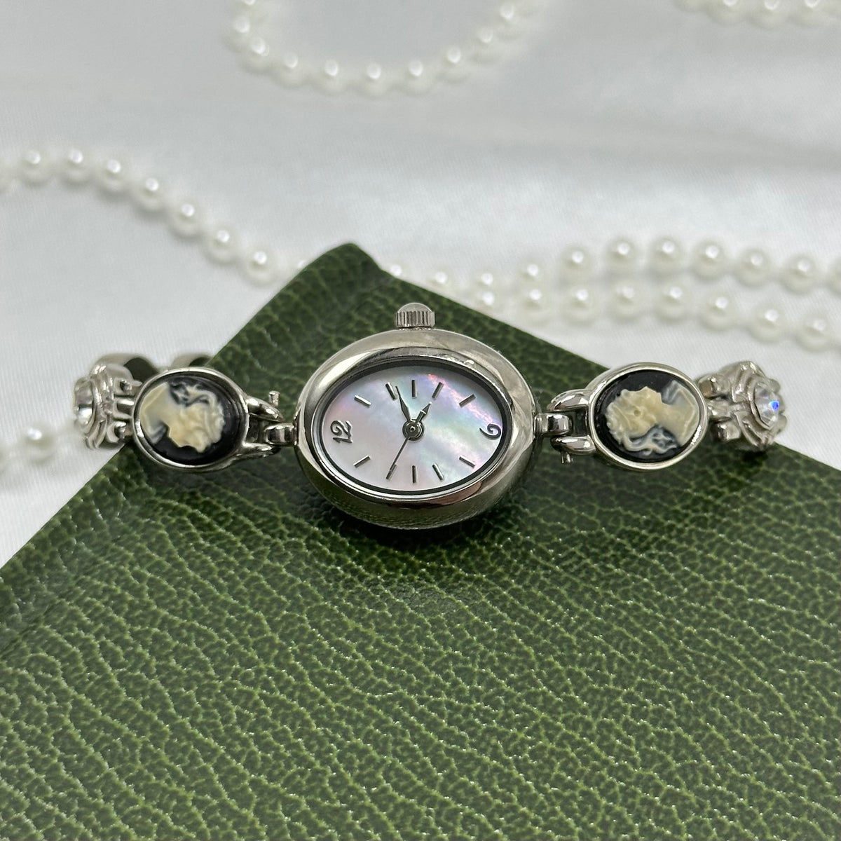 Silver Cameo Watch with Mother of Pearl Dial