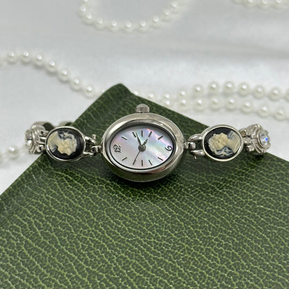 Silver Cameo Watch with Mother of Pearl Dial