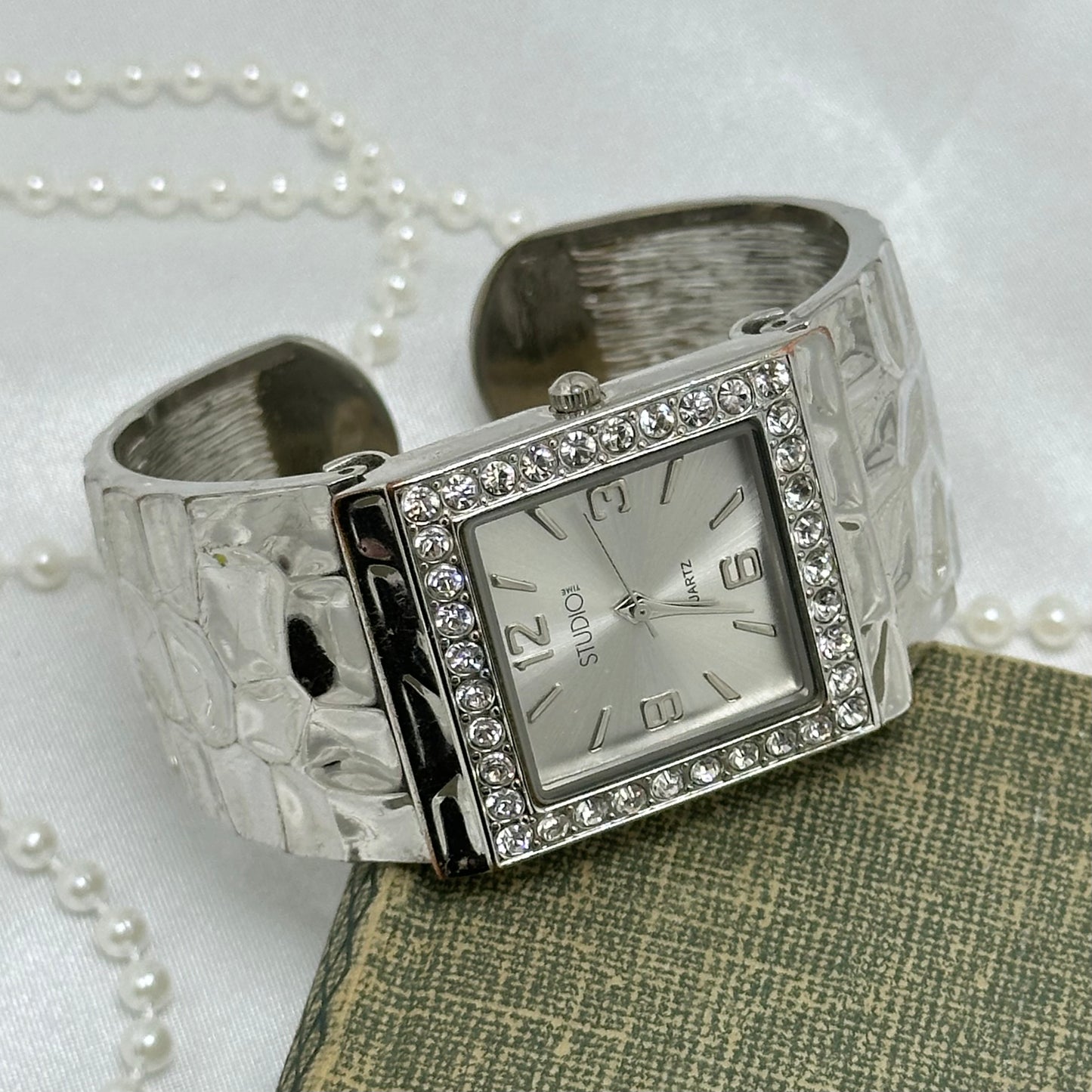 Silver Cuff Watch with Square Diamanté Dial