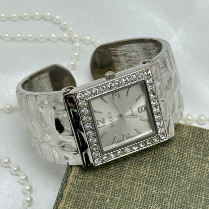 Silver Cuff Watch with Square Diamanté Dial