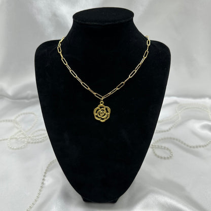 Gold Rose Charm Necklace on Paperclip Chain