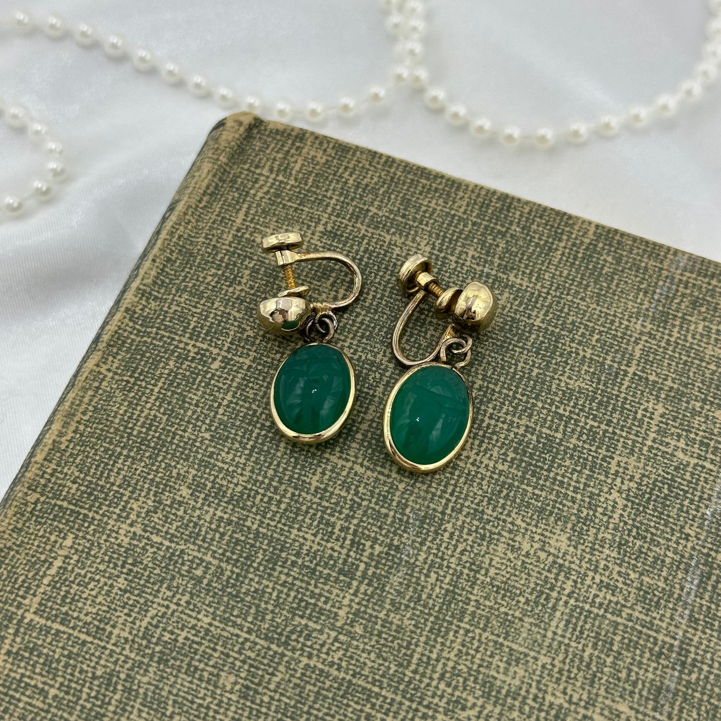 Vintage Gold Filled Green Scarab Screw Back Dangle Earrings