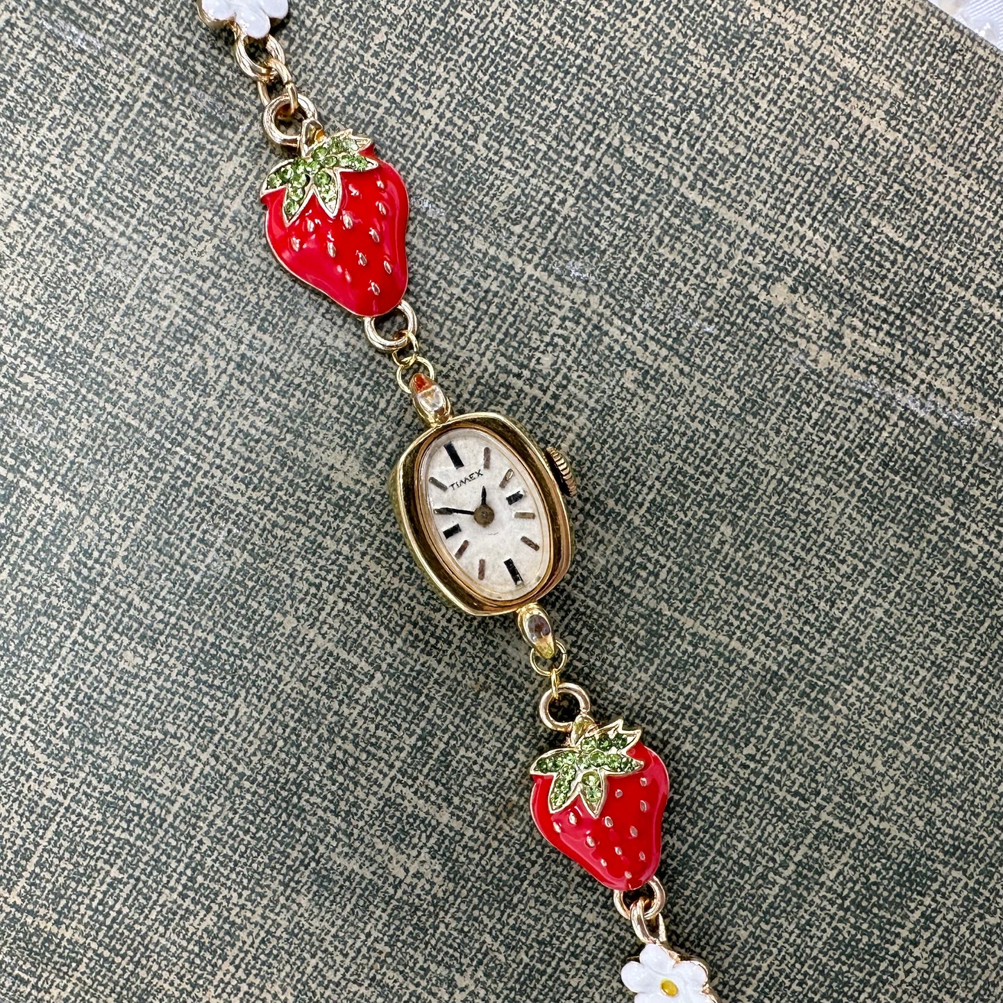 Gold 1979 Timex with Strawberry Charm Bracelet