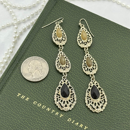 Silver Vintage Dangle Earrings with Black and Tan Stones