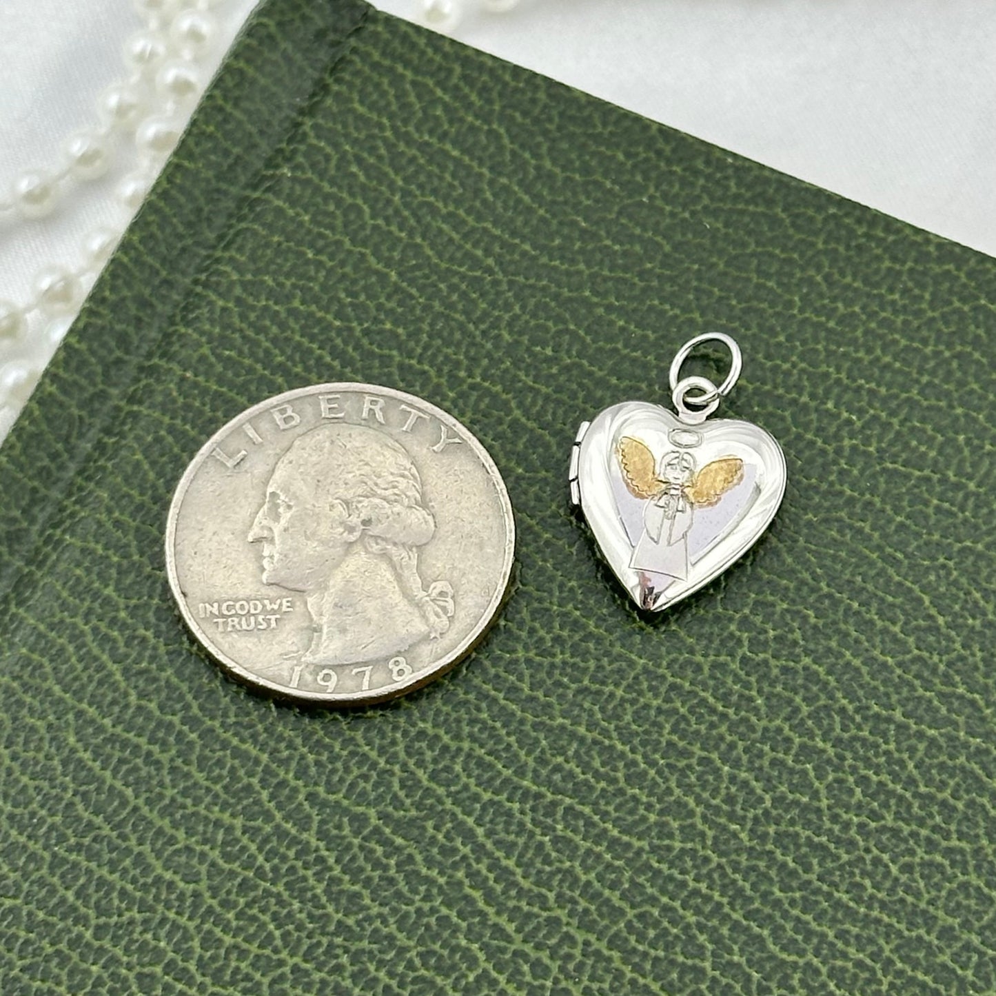 Dainty Vintage Two-Tone Sterling Silver Heart Locket with Engraved Little Angel