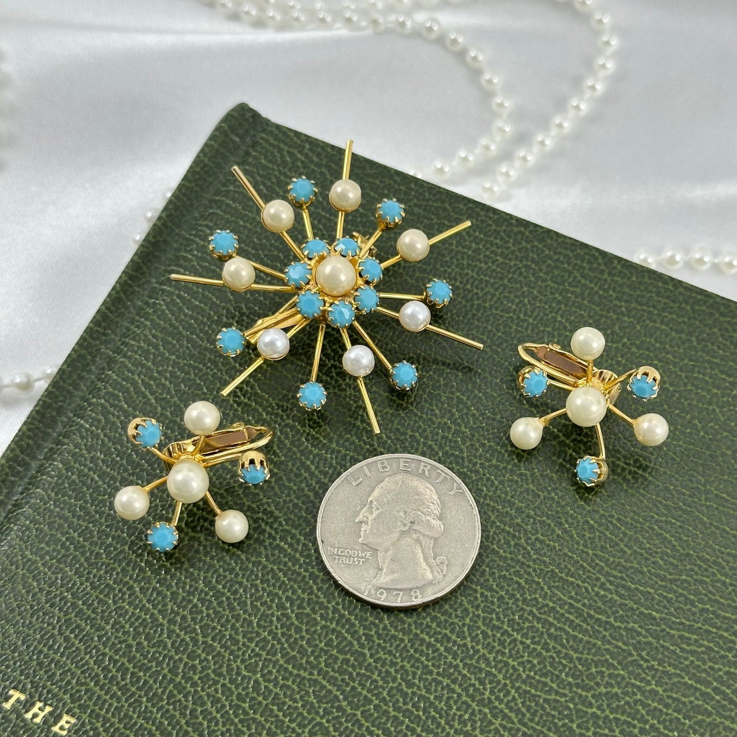 Vintage Gold and Light Blue Starburst Brooch and Earrings