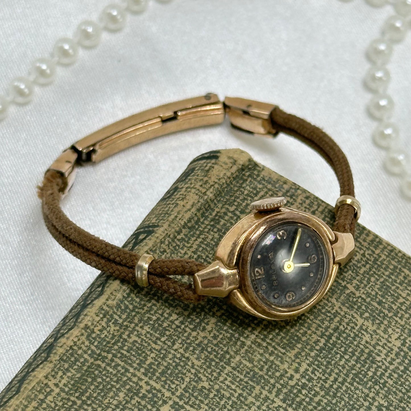 14k Vintage Rose Gold Bulova Black Dial Wind-Up Watch