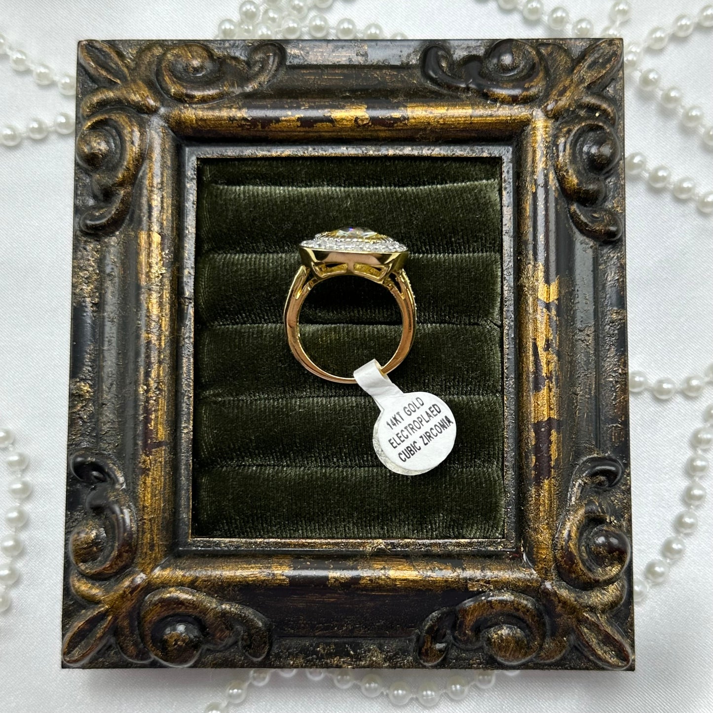 Large Round Champagne Cubic Zirconia Stone Vintage Deadstock Ring 14k Gold Electroplated