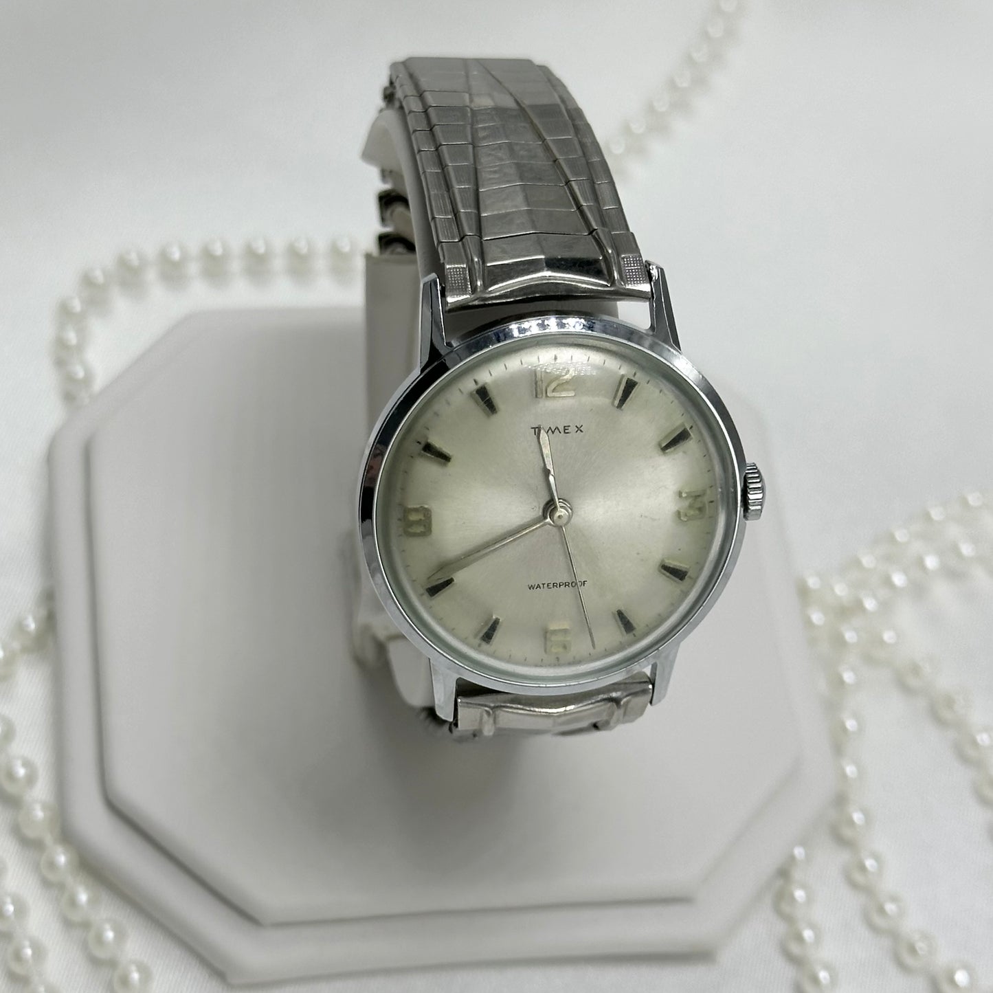 Vintage Silver Timex Watch with Textured Strap