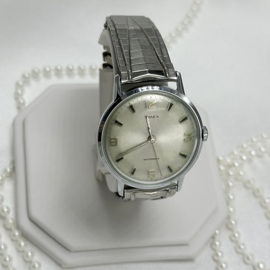 Vintage Silver Timex Watch with Textured Strap
