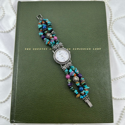 Silver Watch with Multicolor Beaded Band and Mother of Pearl Dial
