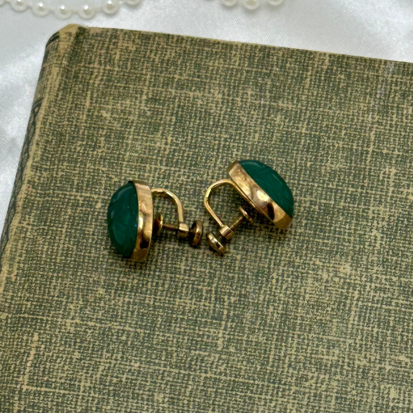 Vintage Gold Filled Green Scarab Screw Back Earrings