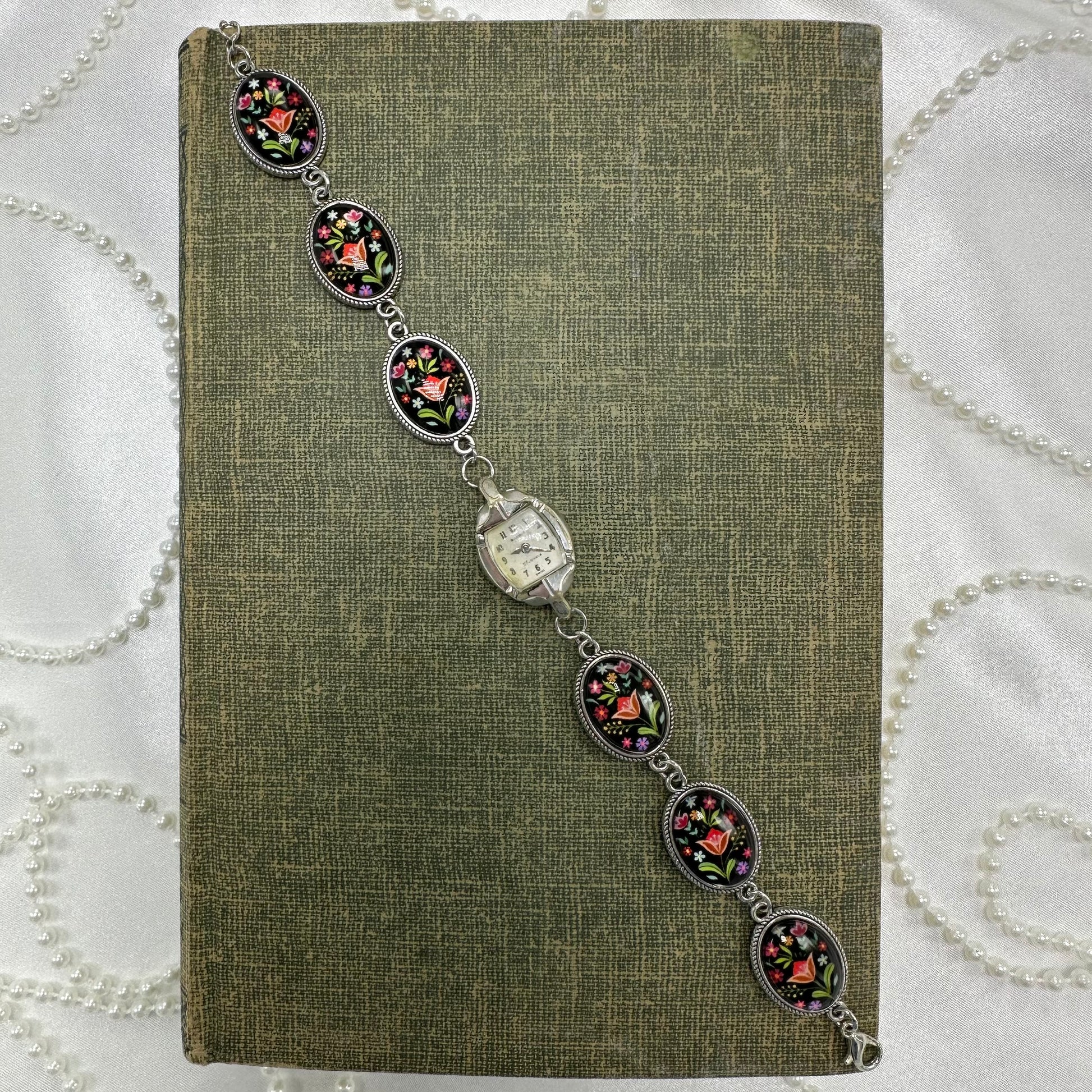 Black Floral Chain Bracelet with Vintage Silver 10k RGP Watch