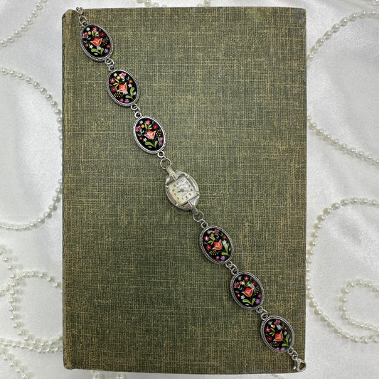 Black Floral Chain Bracelet with Vintage Silver 10k RGP Watch