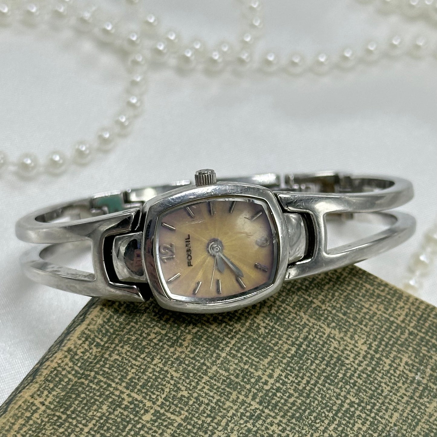 Silver Fossil Cuff Watch with Iridescent Dial