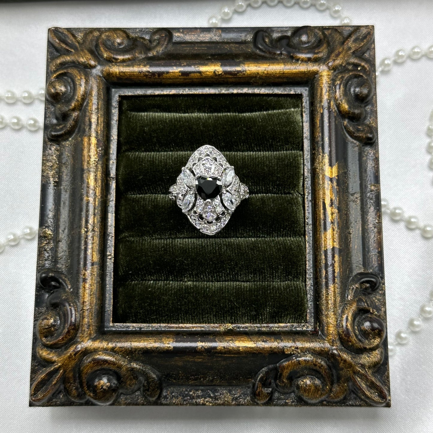 Vintage Rhodium Plated Art Deco Style Ring with Black Heart Stone