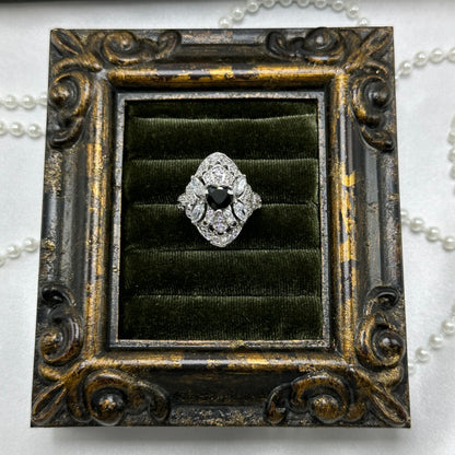 Vintage Rhodium Plated Art Deco Style Ring with Black Heart Stone