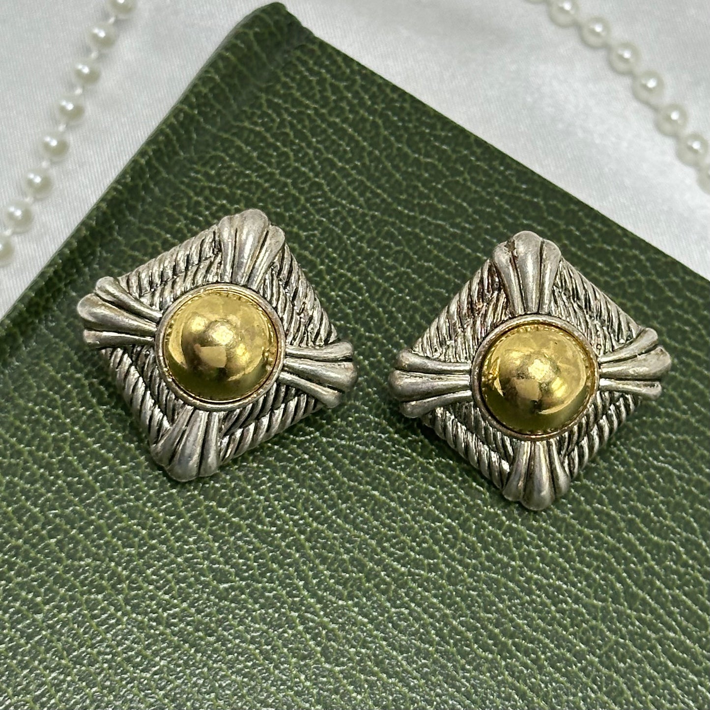 Two-Tone Vintage Avon Diamond Shaped Clip On Earrings