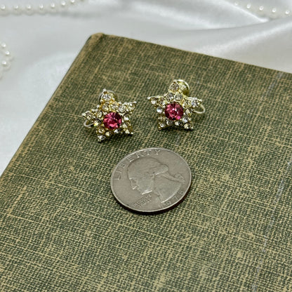 Vintage Pink Rhinestone Star Earrings - Screw Backs
