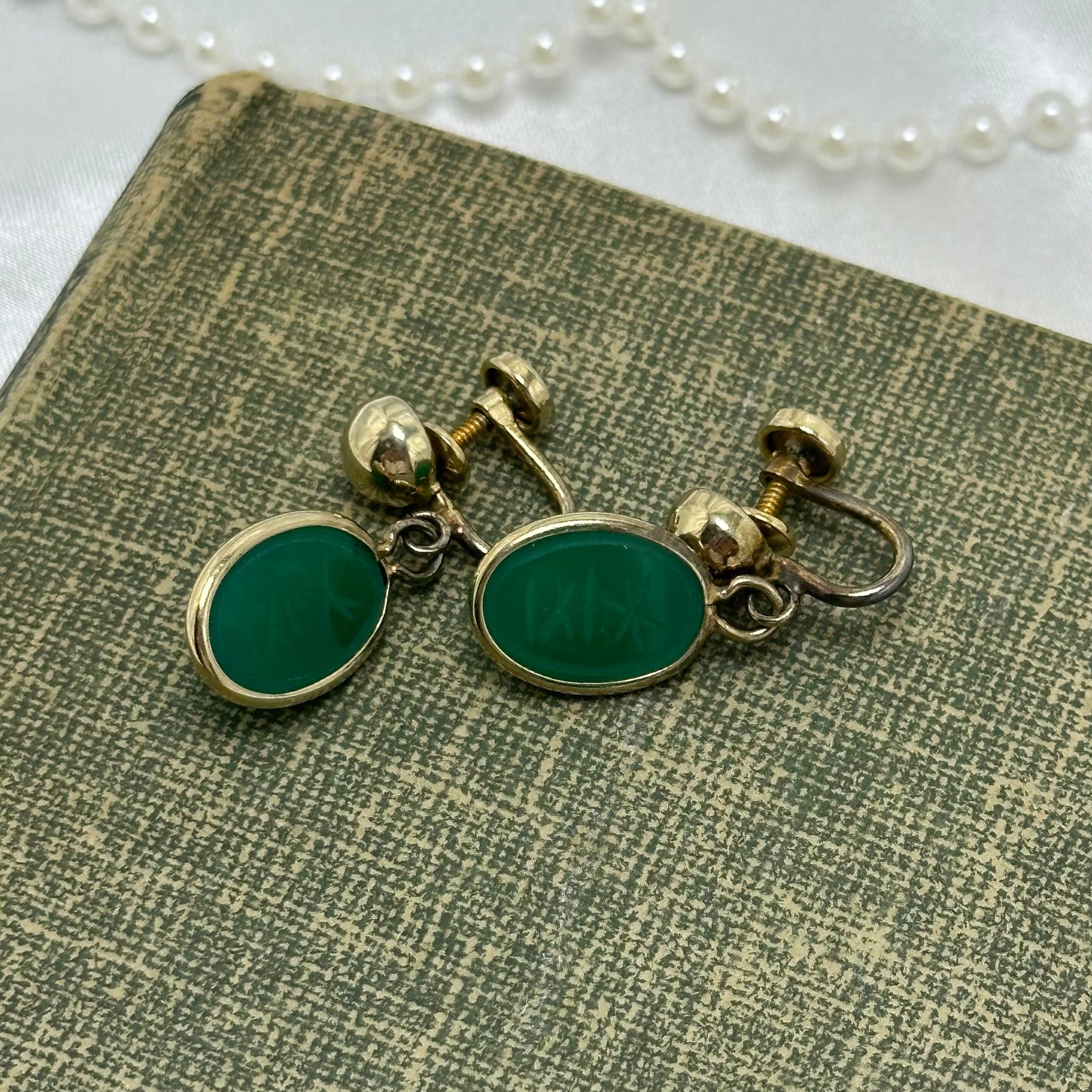 Vintage Gold Filled Green Scarab Screw Back Dangle Earrings