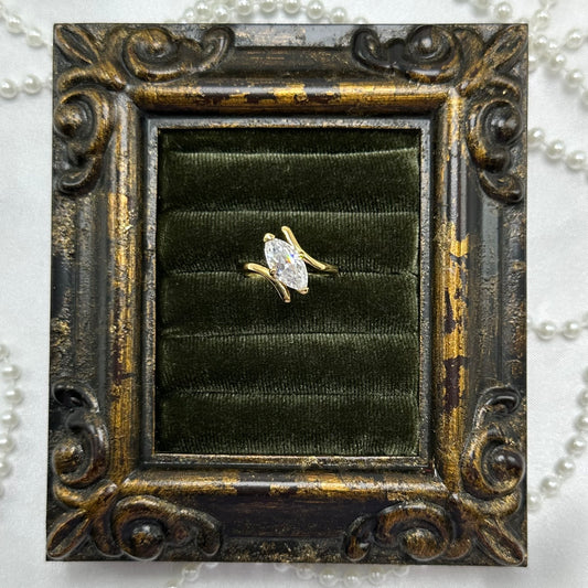 14k gold electroplated vintage deadstock ring with solitaire marquise clear cubic zirconia stone.