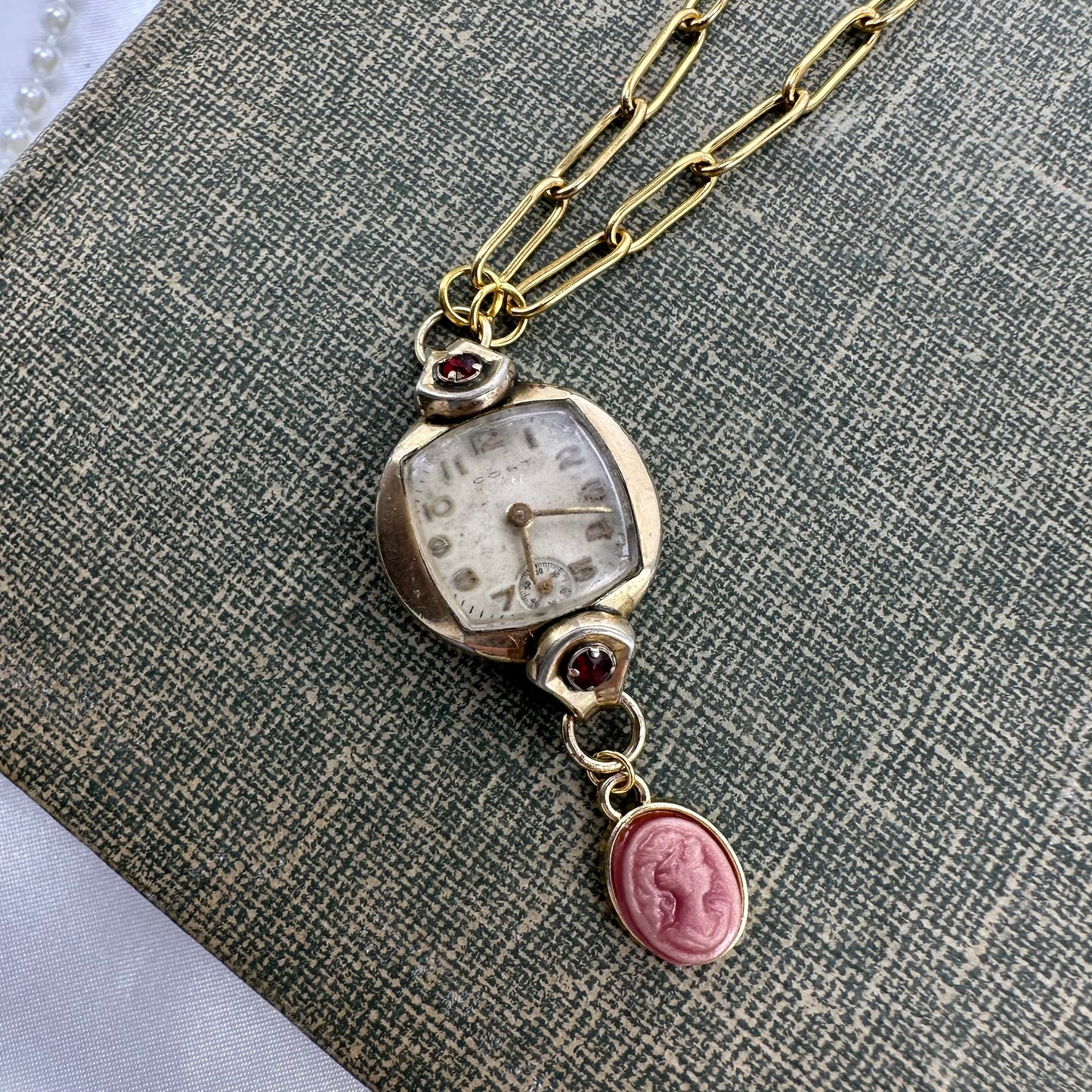 Vintage Ruby Accented Watch Necklace with Cameo Charm