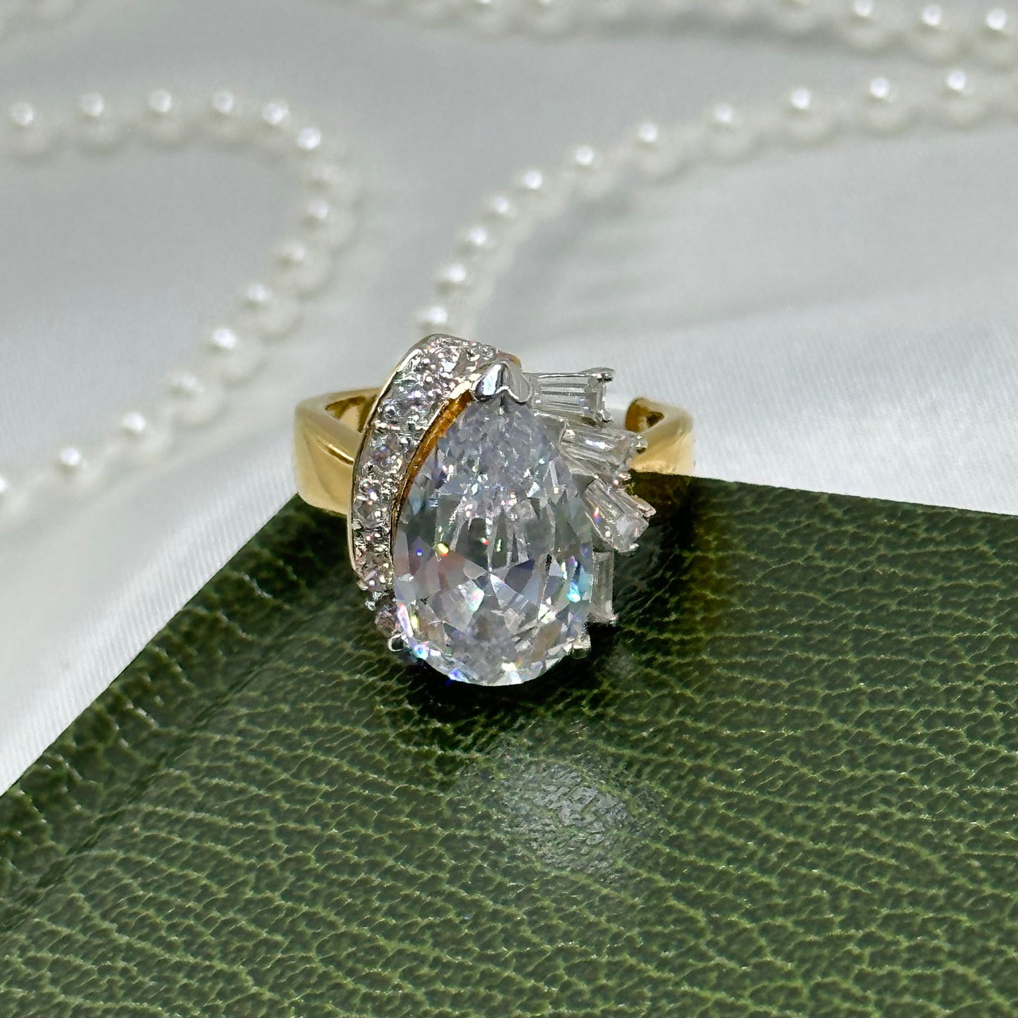 Large Teardrop Cubic Zirconia Stone Vintage Deadstock Ring 14k Gold Electroplated