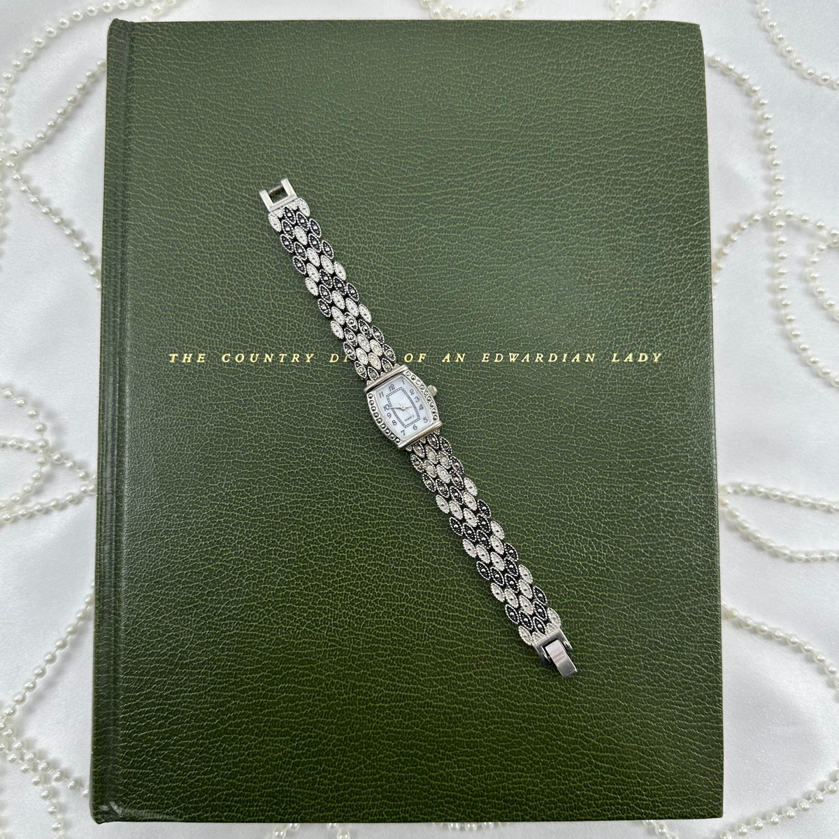 Silver and Black Marcasite Watch with Mother of Pearl Dial