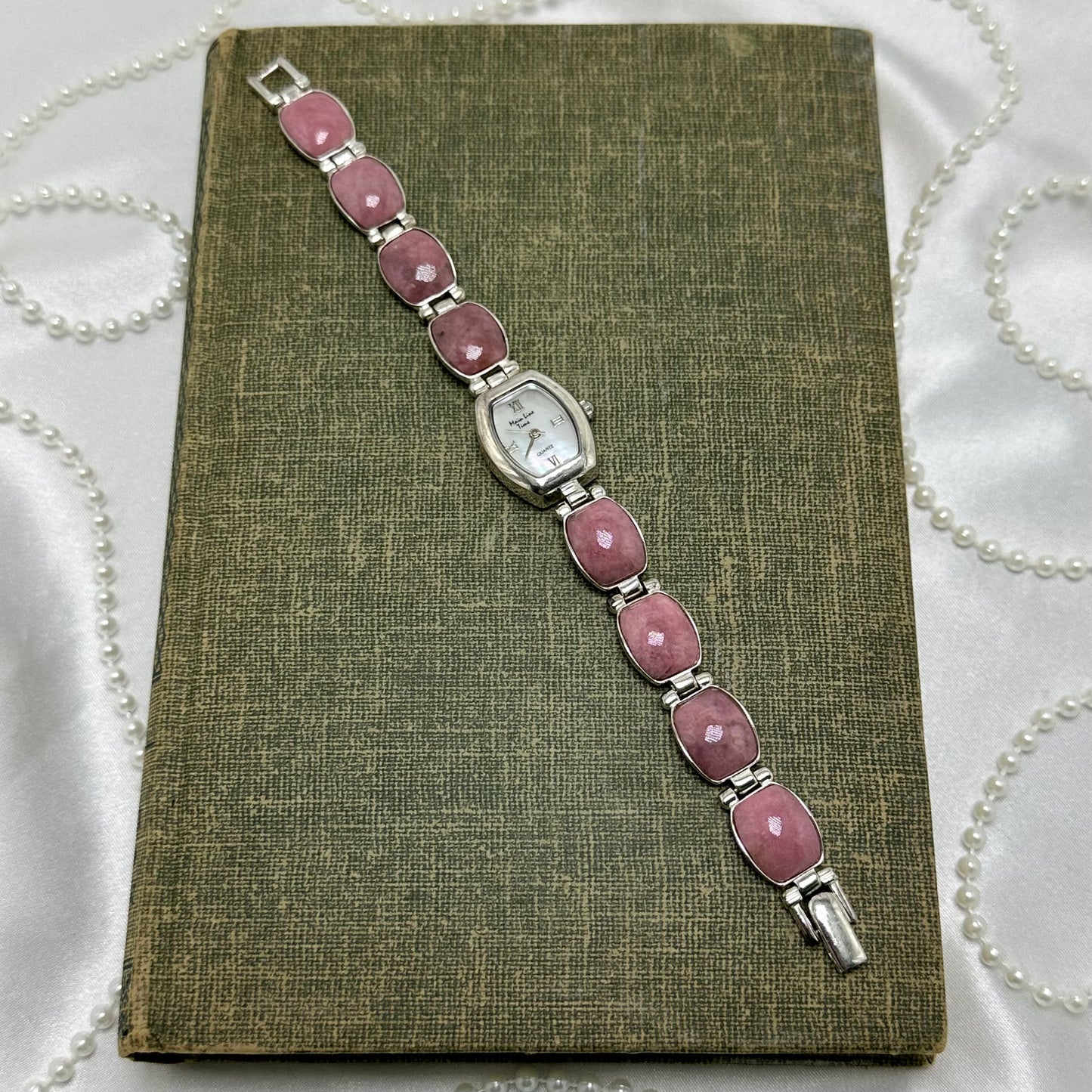 Sterling Silver Watch with Mother of Pearl Dial and Pink Gemstone Band