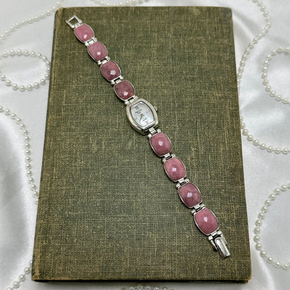 Sterling Silver Watch with Mother of Pearl Dial and Pink Gemstone Band