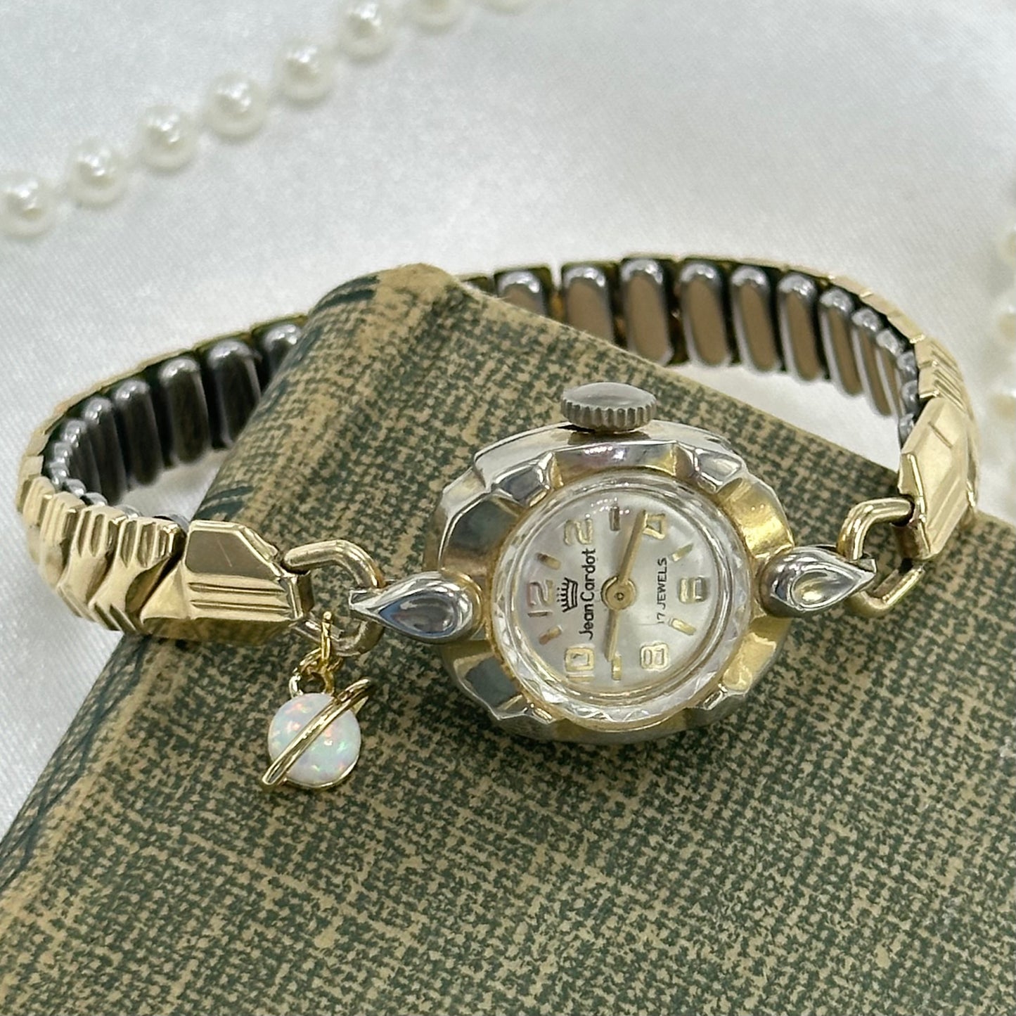 Vintage Jean Cardot Wind Up Gold Watch with Opal Saturn Charm