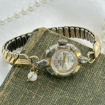 Vintage  1970's Jean Cardot Wind Up Gold Watch with Opal Saturn Charm