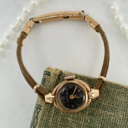 14k Vintage Rose Gold Bulova Black Dial Wind-Up Watch