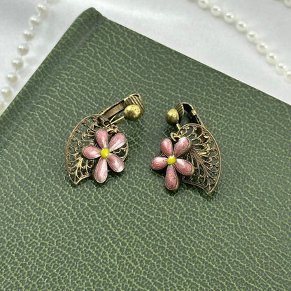 Vintage Bronze Tone Clip On Dangle Earrings with Pink Flower Charms