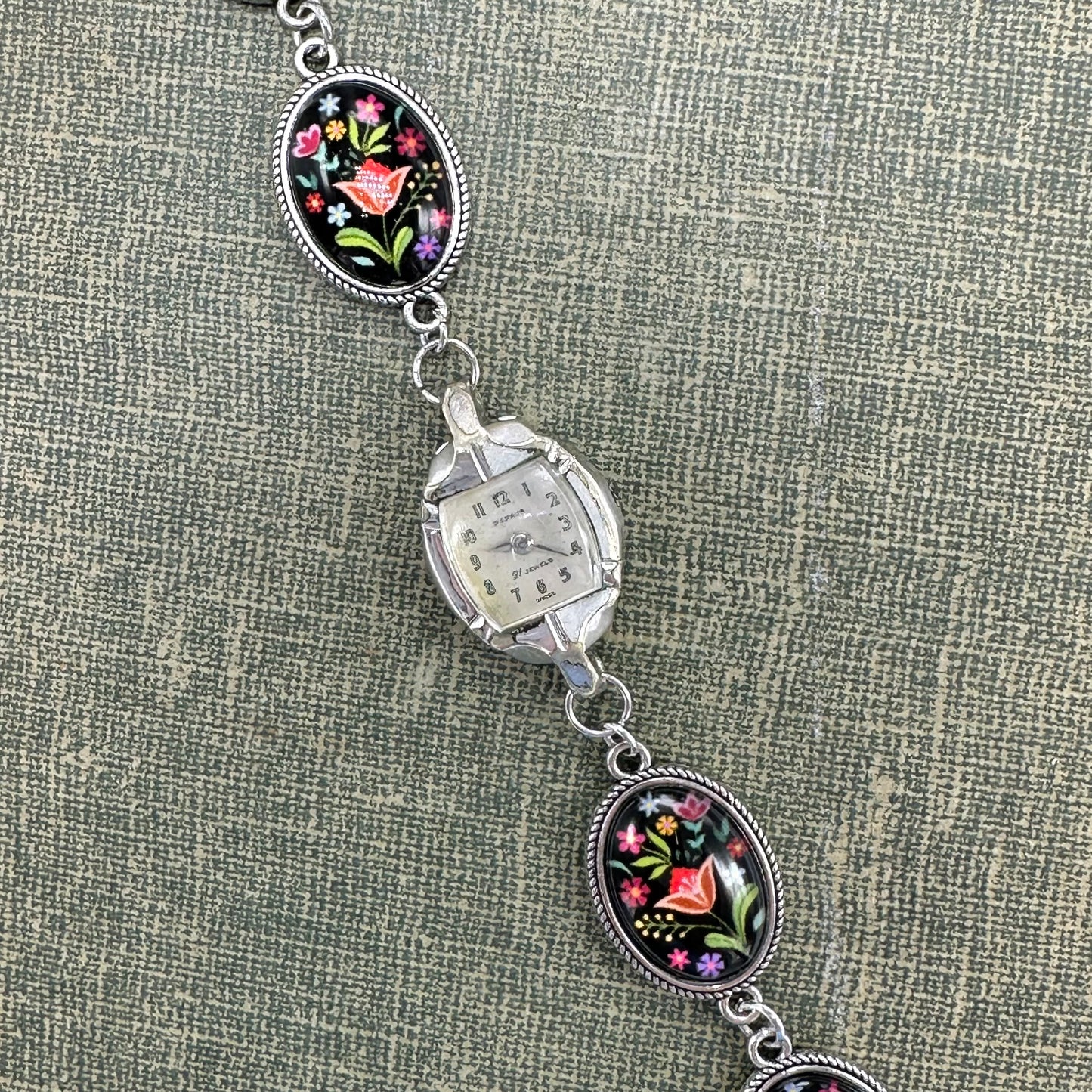 Black Floral Chain Bracelet with Vintage Silver 10k RGP Watch