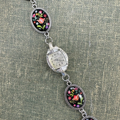 Black Floral Chain Bracelet with Vintage Silver 10k RGP Watch