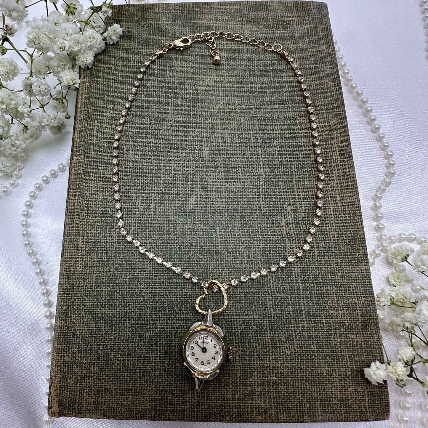 Gold Vintage Watch Rhinestone Choker with Heart Bail