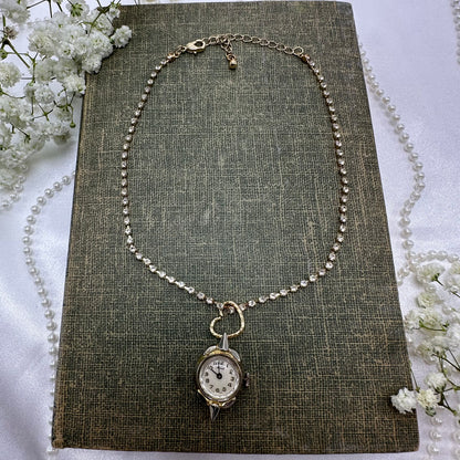 Gold Vintage Watch Rhinestone Choker with Heart Bail