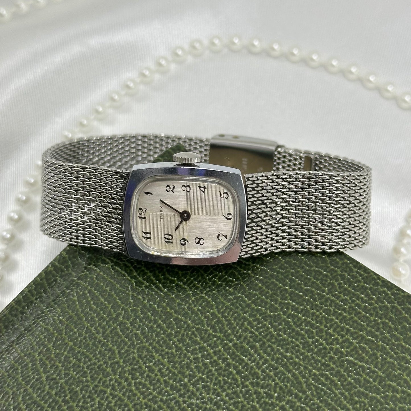 Vintage Silver Wind-Up Timex Watch with Mesh Band