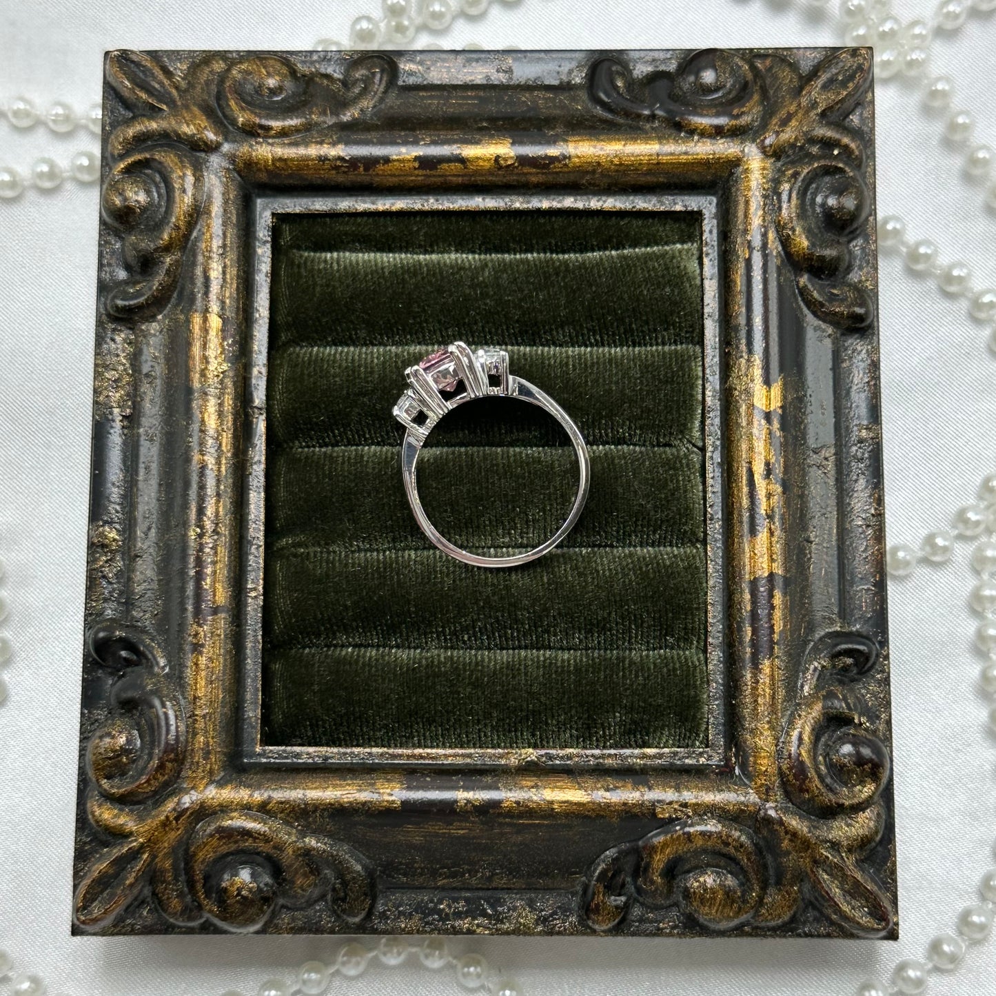 Vintage Light Pink Square Stone Deadstock Ring Rhodium Plated