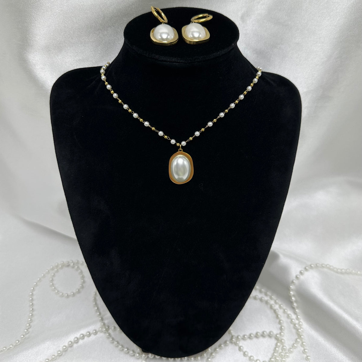 Pearl Necklace and Huggie Earring Set
