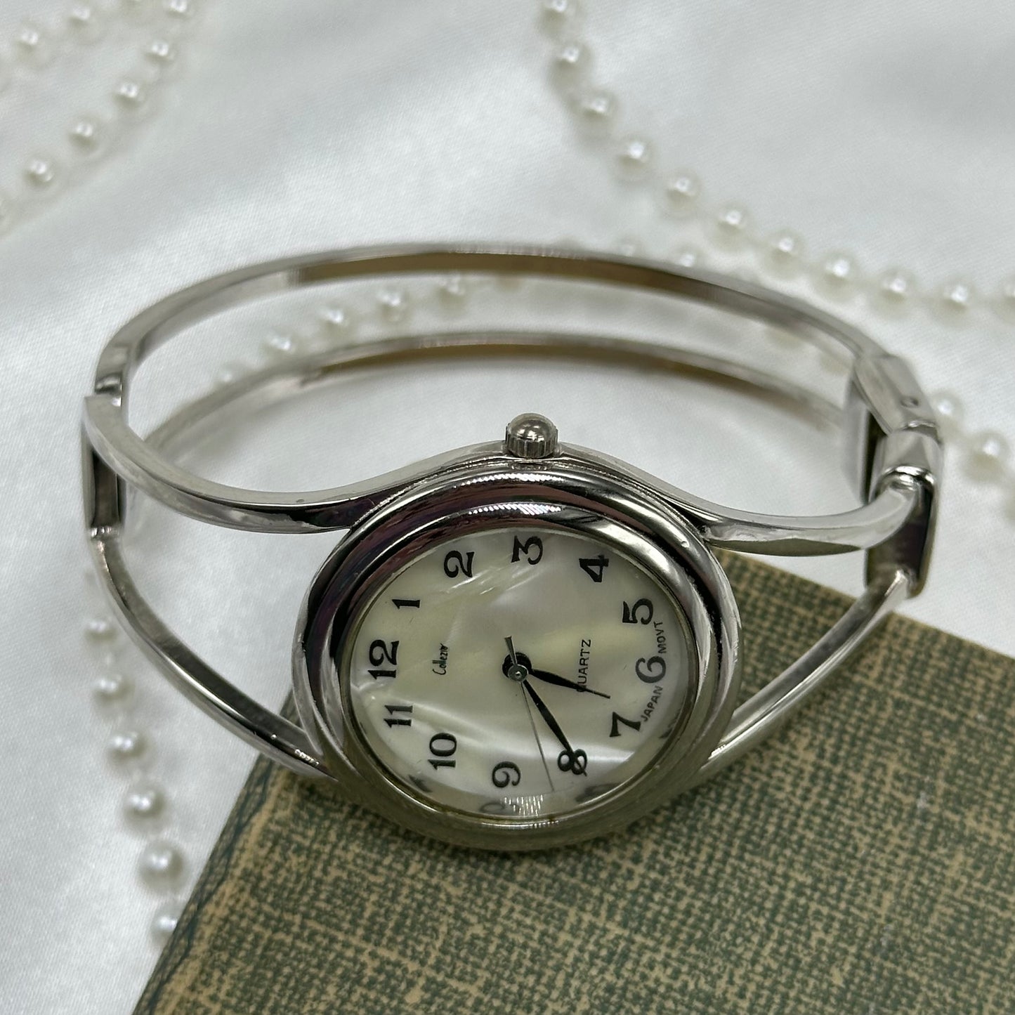 Silver Cuff Watch with Mother of Pearl Dial