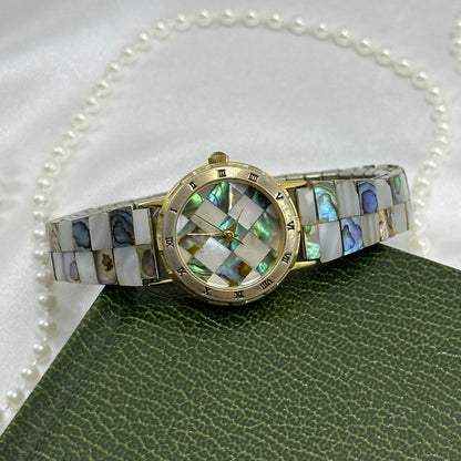 Checkered Abalone Gold Watch with Round Dial